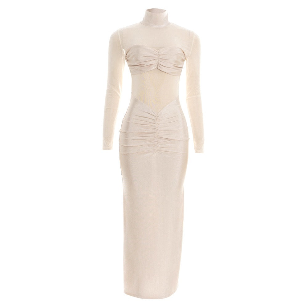 Maxi turtleneck dress in shiny fabric with ruching and mesh design - Liana