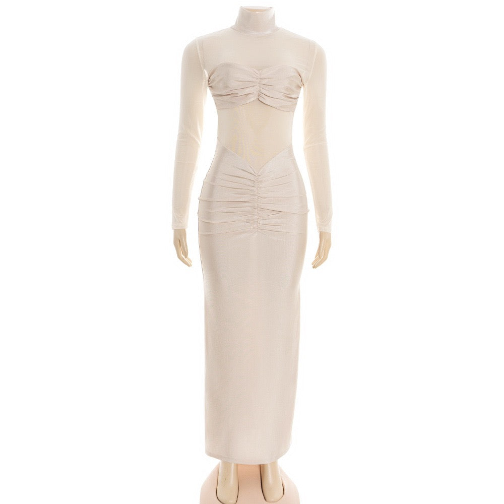 Maxi turtleneck dress in shiny fabric with ruching and mesh design - Liana