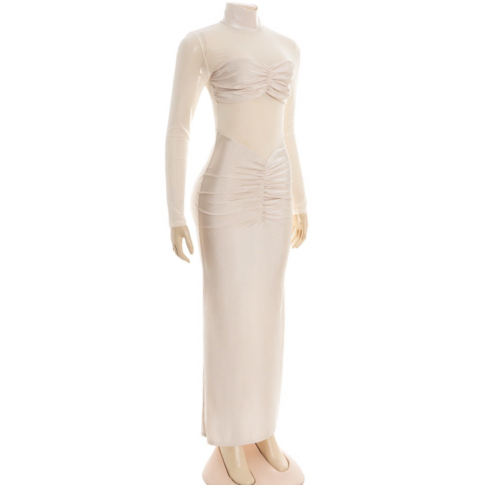 Maxi turtleneck dress in shiny fabric with ruching and mesh design - Liana