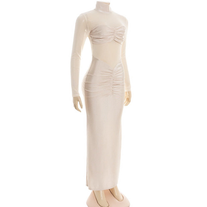 Maxi turtleneck dress in shiny fabric with ruching and mesh design - Liana