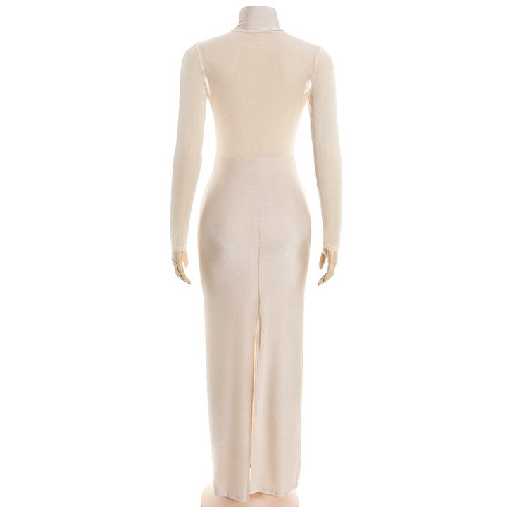 Maxi turtleneck dress in shiny fabric with ruching and mesh design - Liana