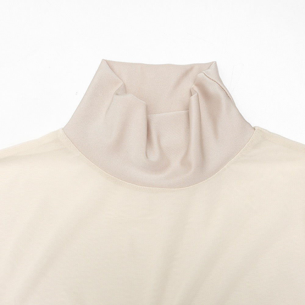 Maxi turtleneck dress in shiny fabric with ruching and mesh design - Liana