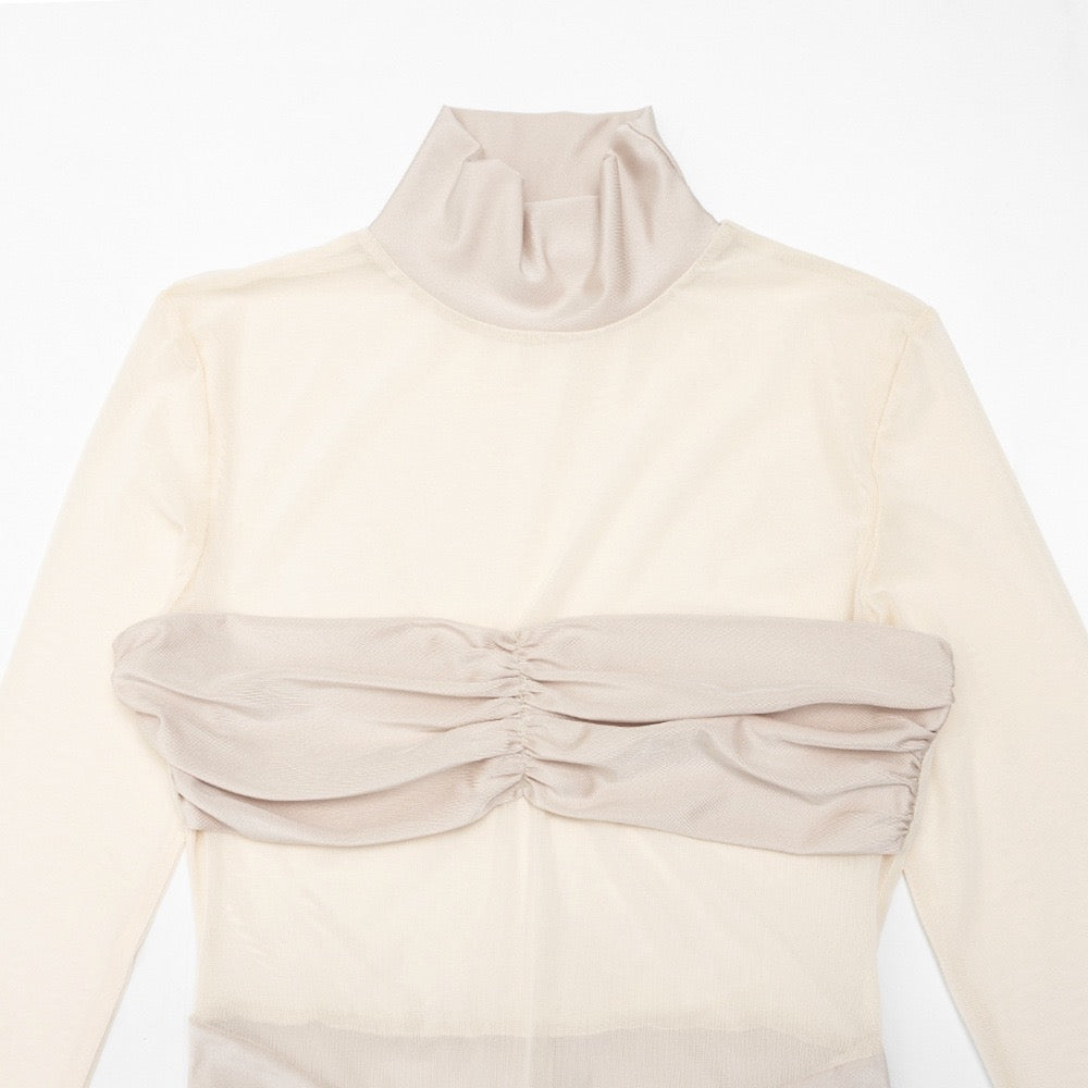 Maxi turtleneck dress in shiny fabric with ruching and mesh design - Liana