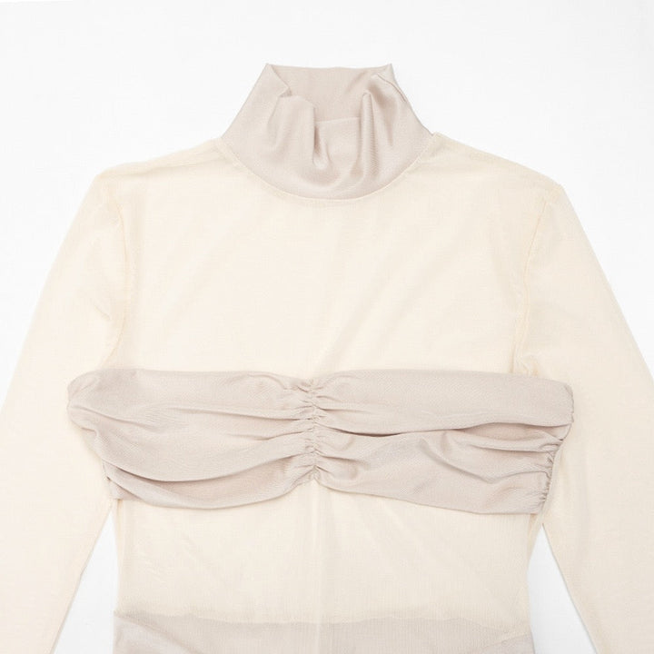 Maxi turtleneck dress in shiny fabric with ruching and mesh design - Liana