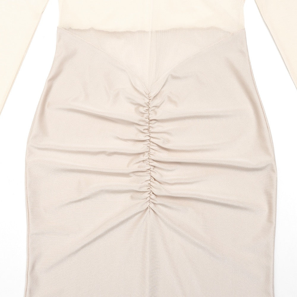 Maxi turtleneck dress in shiny fabric with ruching and mesh design - Liana