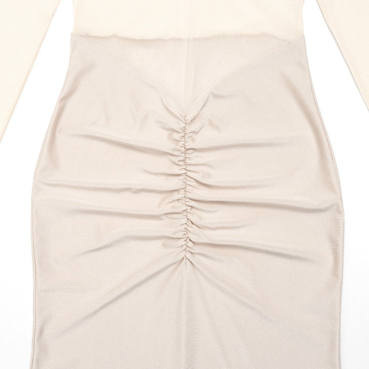 Maxi turtleneck dress in shiny fabric with ruching and mesh design - Liana