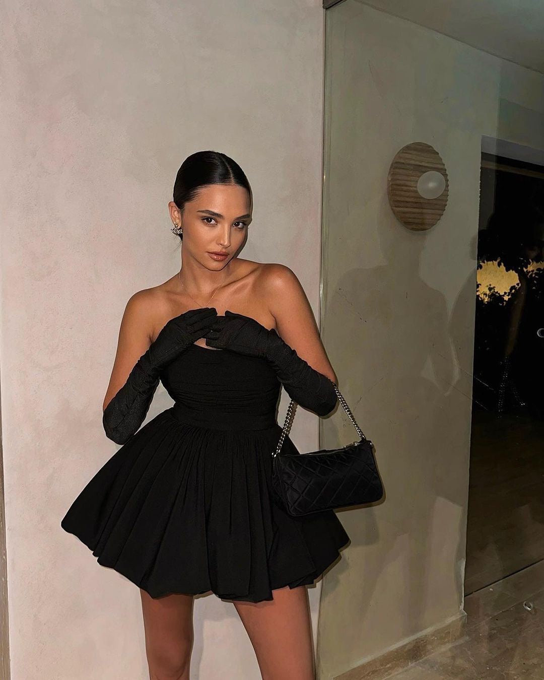Mia - Strapless balloon mini dress with glove embellishment