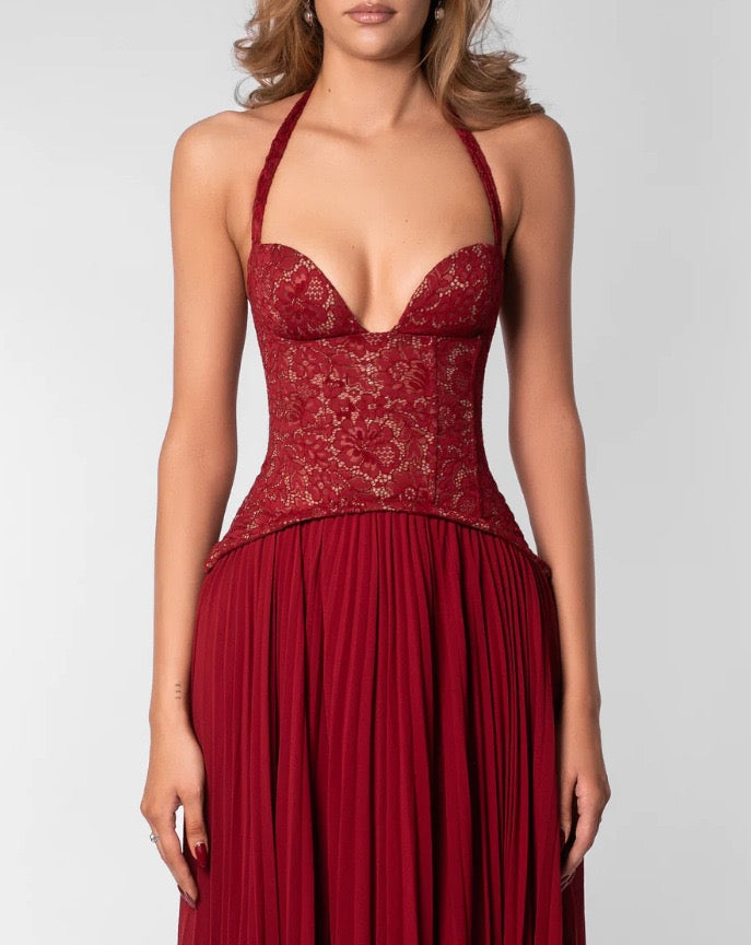 Pleated maxi dress with a lace design, back tie, and waist fastening - MELIA