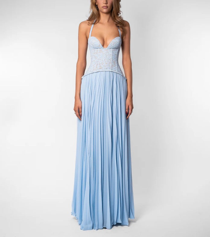 Pleated maxi dress with a lace design, back tie, and waist fastening - MELIA