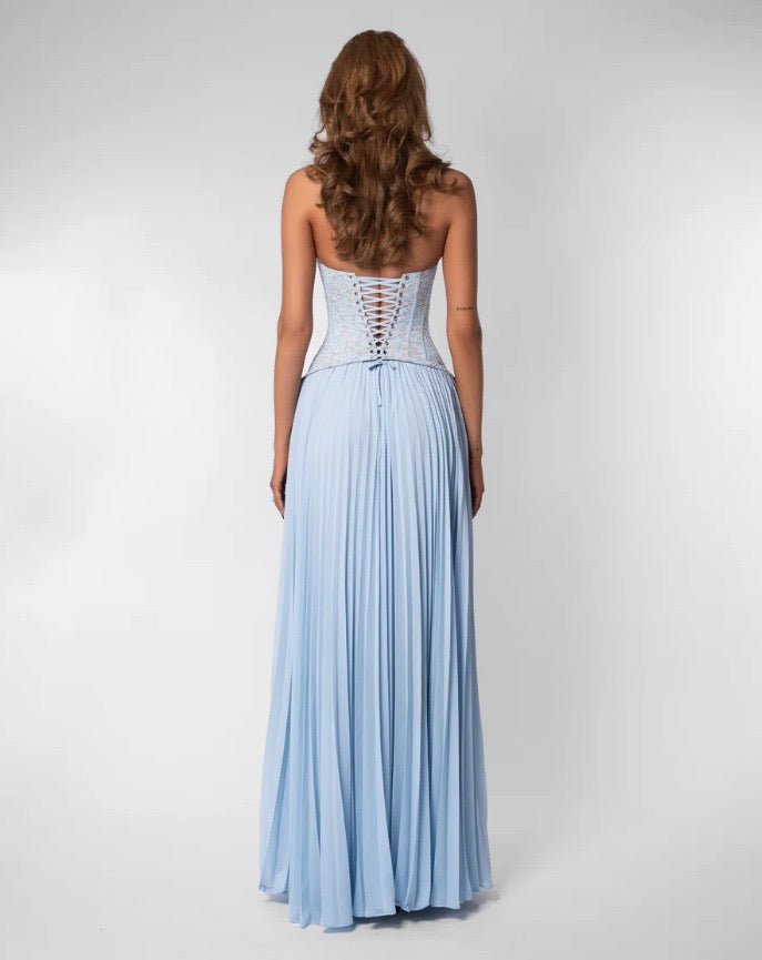Pleated maxi dress with a lace design, back tie, and waist fastening - MELIA