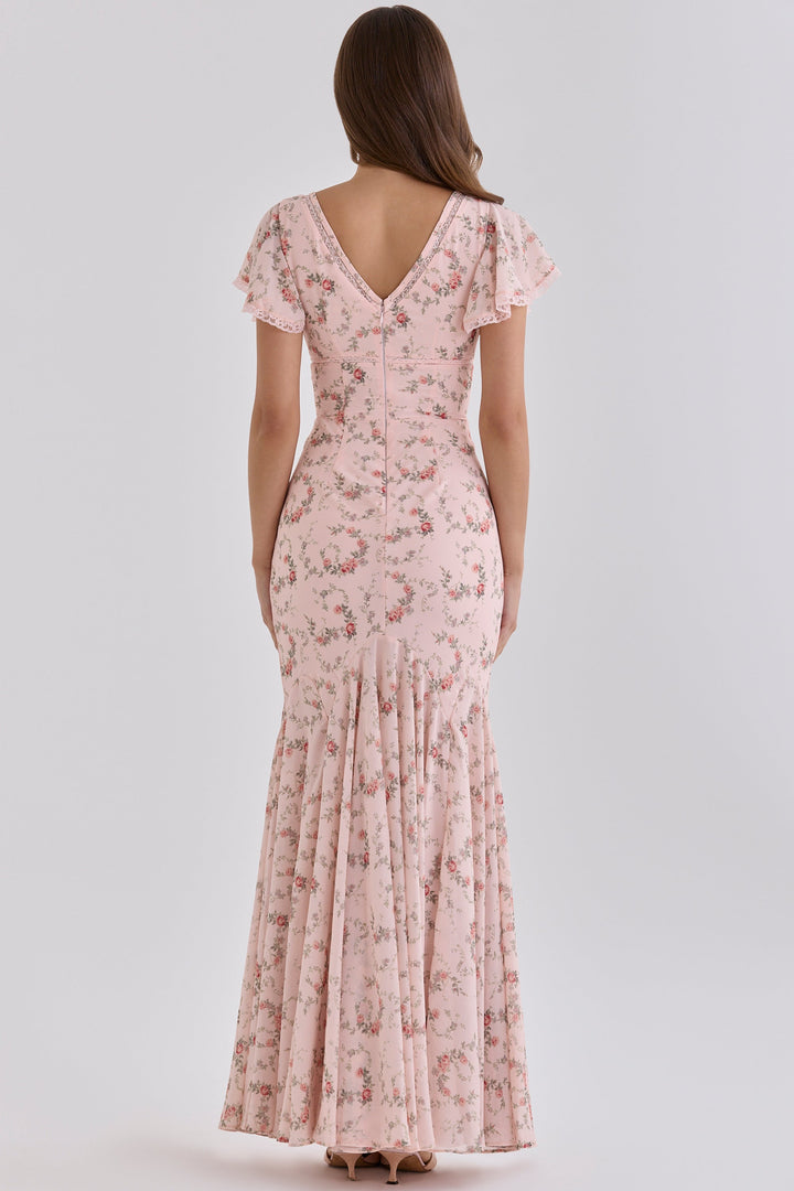 Floral satin maxi dress with lace trim - FLORIE