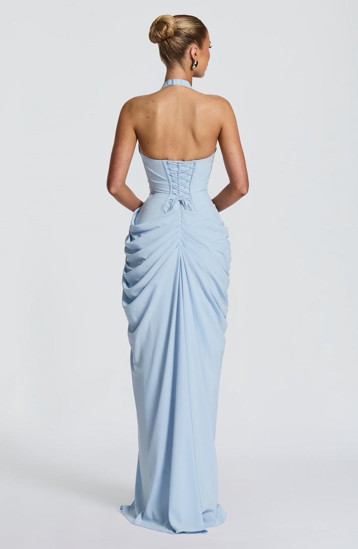 Elegant pleated maxi dress with a slit design and a back tie for a cinched waist – SIA