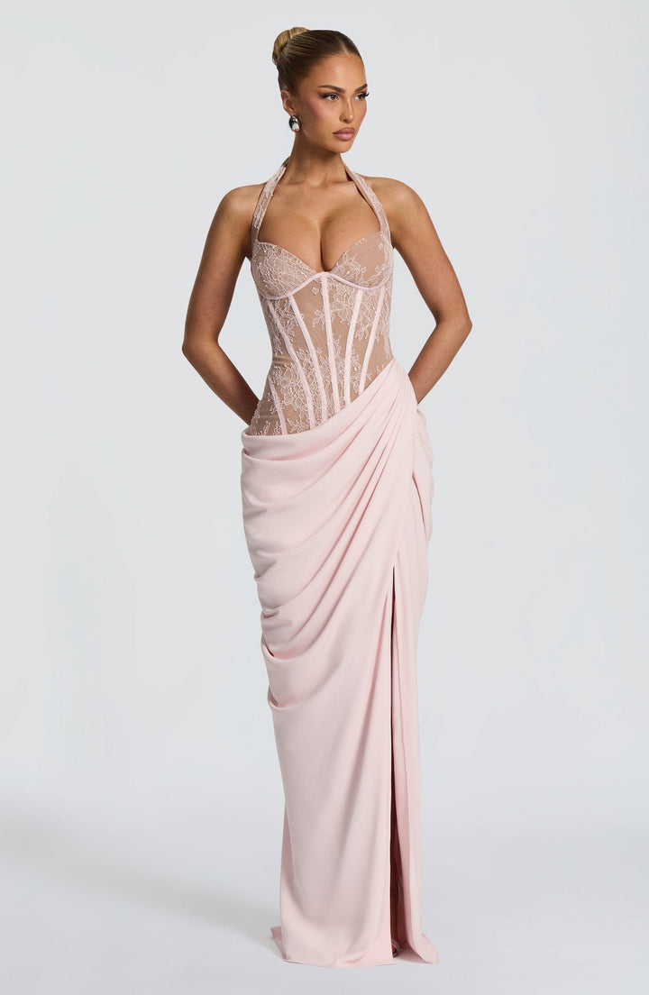 Elegant pleated maxi dress with lace embellishments, a slit design, and a back tie for a cinched waist – AYLIN