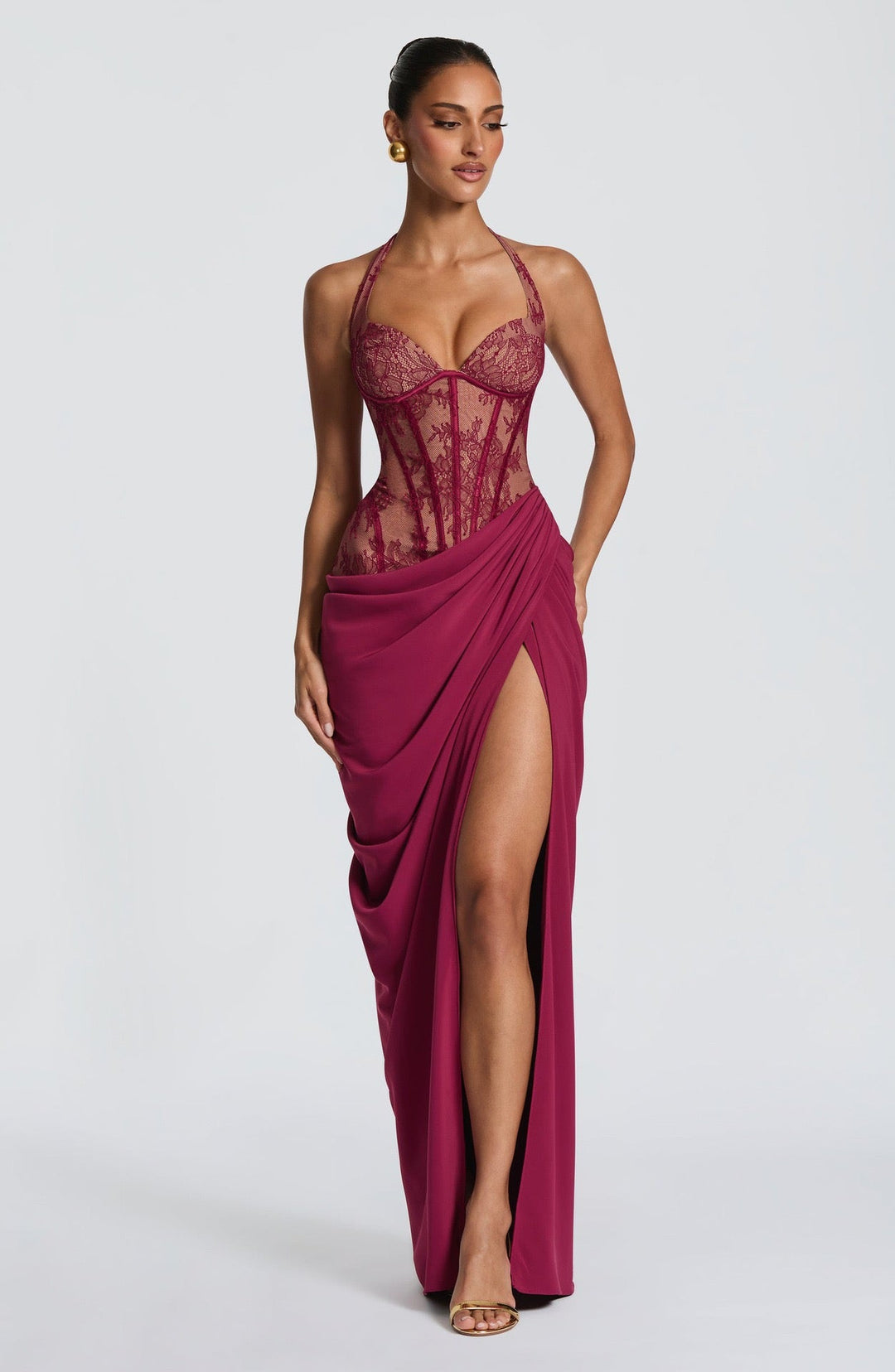 Elegant pleated maxi dress with lace embellishments, a slit design, and a back tie for a cinched waist – AYLIN