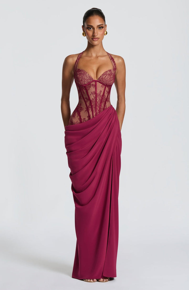 Elegant pleated maxi dress with lace embellishments, a slit design, and a back tie for a cinched waist – AYLIN