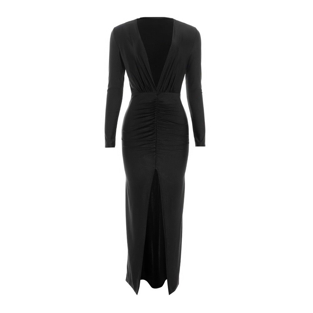Maxi dress with ruching in shiny fabric with slit and V neckline - DASH
