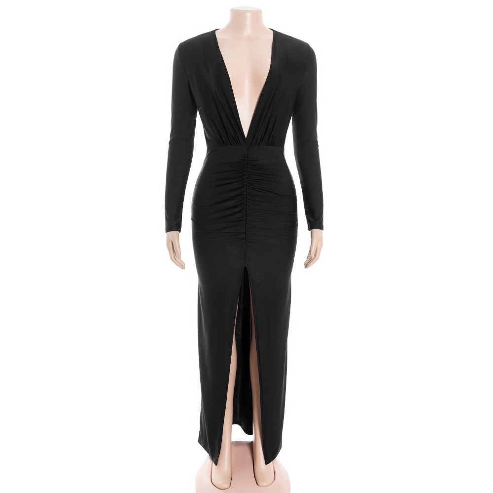 Maxi dress with ruching in shiny fabric with slit and V neckline - DASH