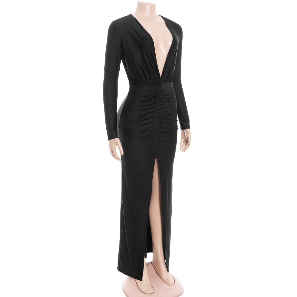 Maxi dress with ruching in shiny fabric with slit and V neckline - DASH
