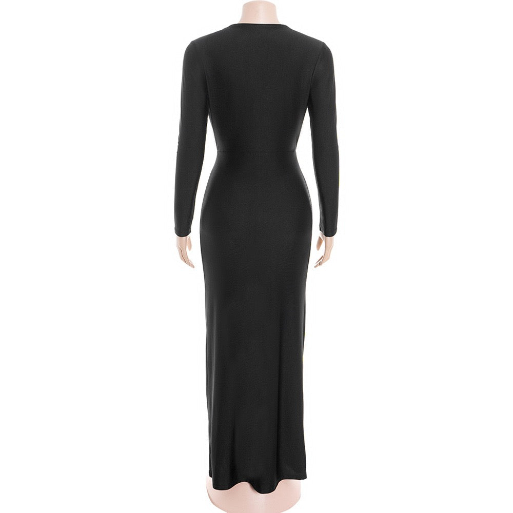 Maxi dress with ruching in shiny fabric with slit and V neckline - DASH
