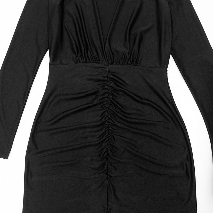 Maxi dress with ruching in shiny fabric with slit and V neckline - DASH