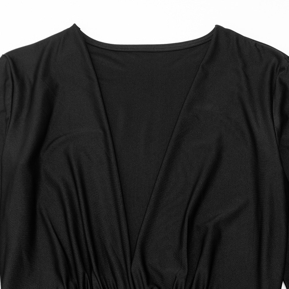 Maxi dress with ruching in shiny fabric with slit and V neckline - DASH