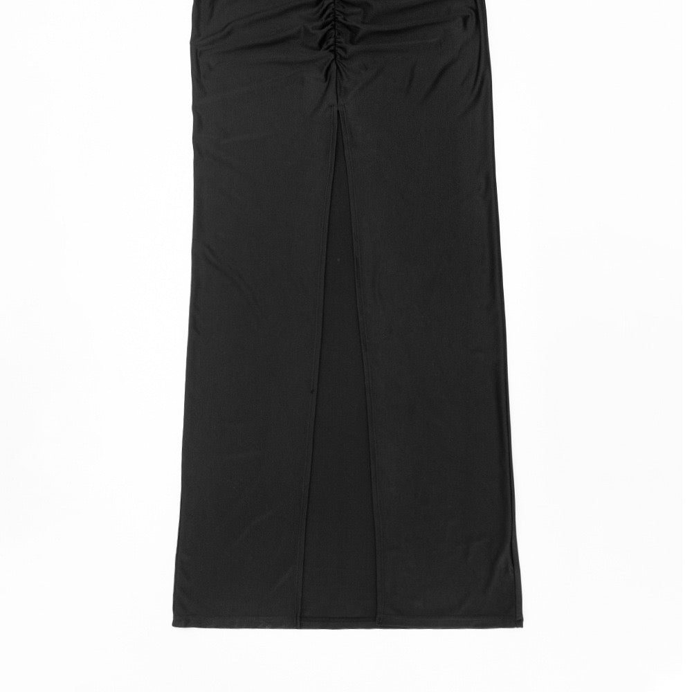 Maxi dress with ruching in shiny fabric with slit and V neckline - DASH