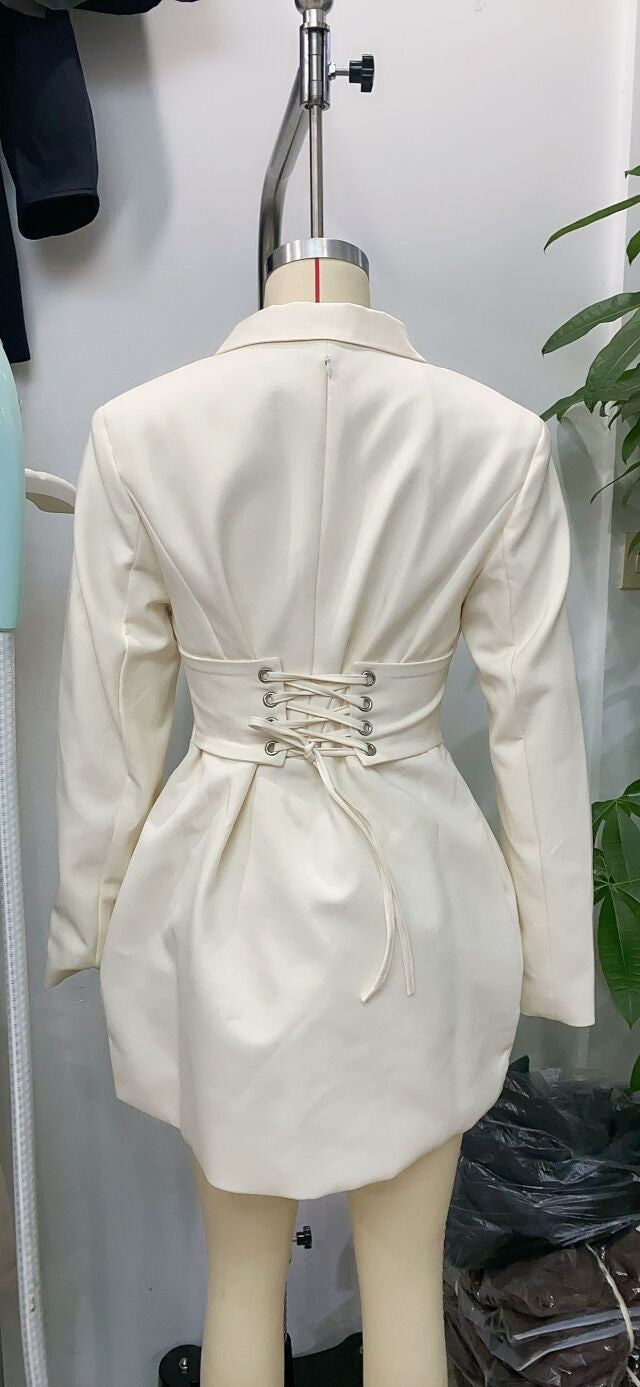 Tailored Mini Dress with Back Tie for Waist Fitting - MARIOLA