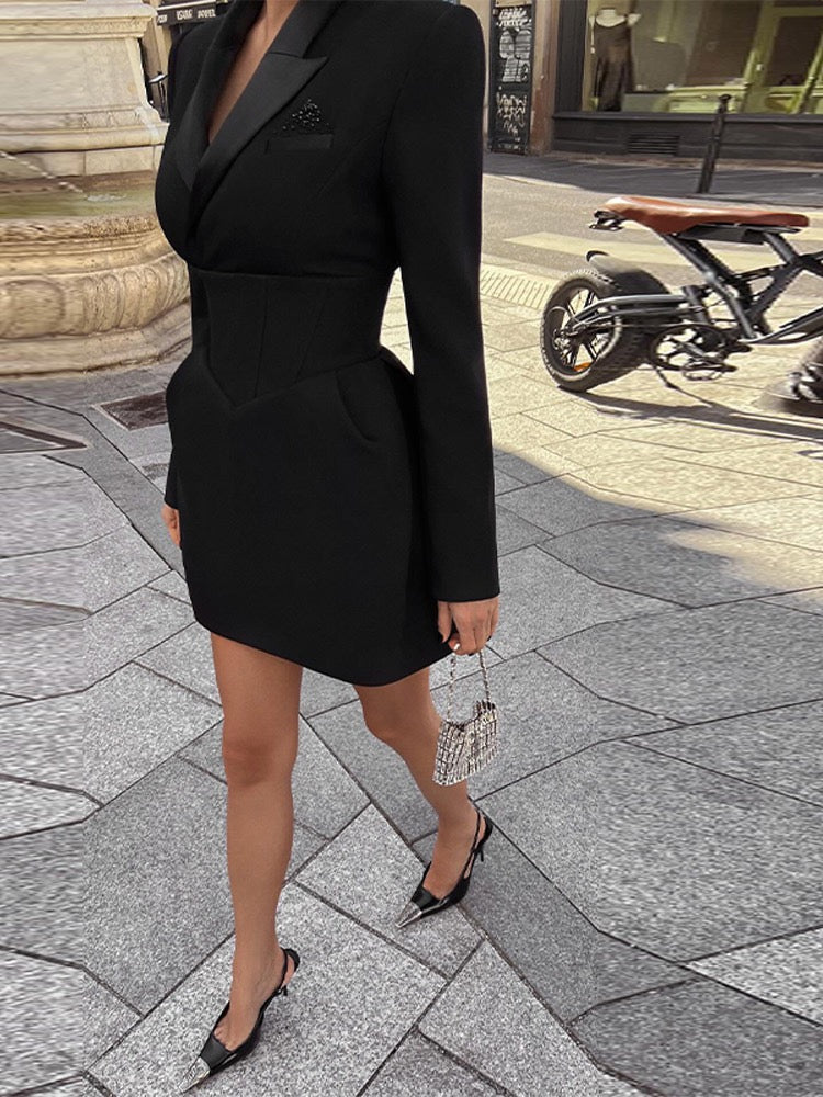 Tailored Mini Dress with Back Tie for Waist Fitting - MARIOLA
