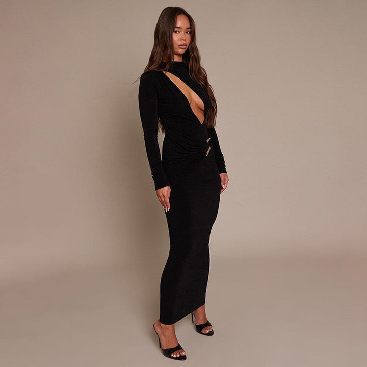 Maxi dress with ruching and neckline with buckle decoration - LUCI