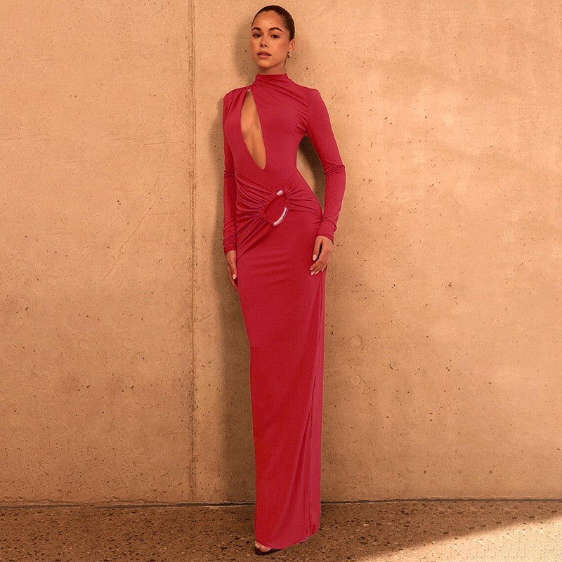 Maxi dress with ruching and neckline with buckle decoration - LUCI
