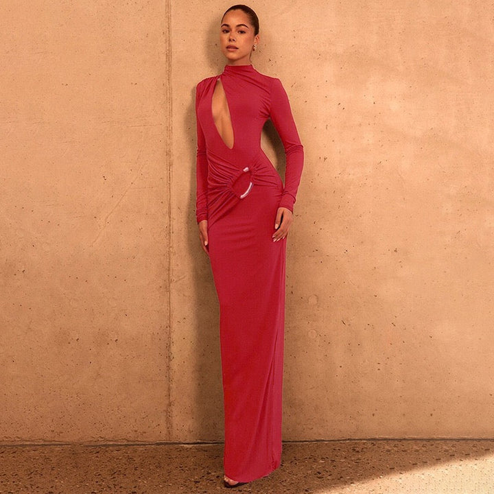 Maxi dress with ruching and neckline with buckle decoration - LUCI