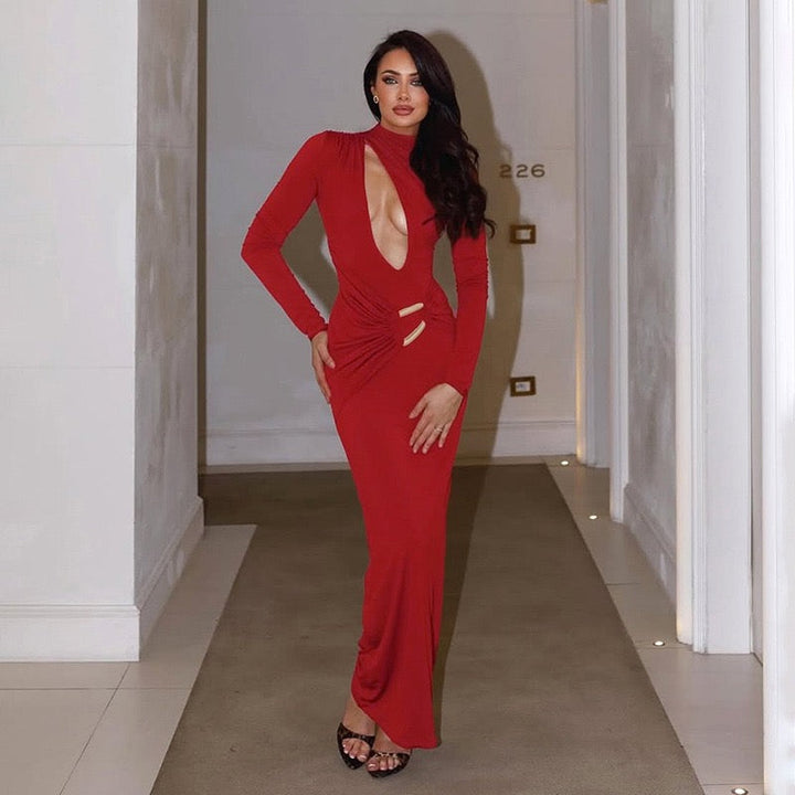 Maxi dress with ruching and neckline with buckle decoration - LUCI