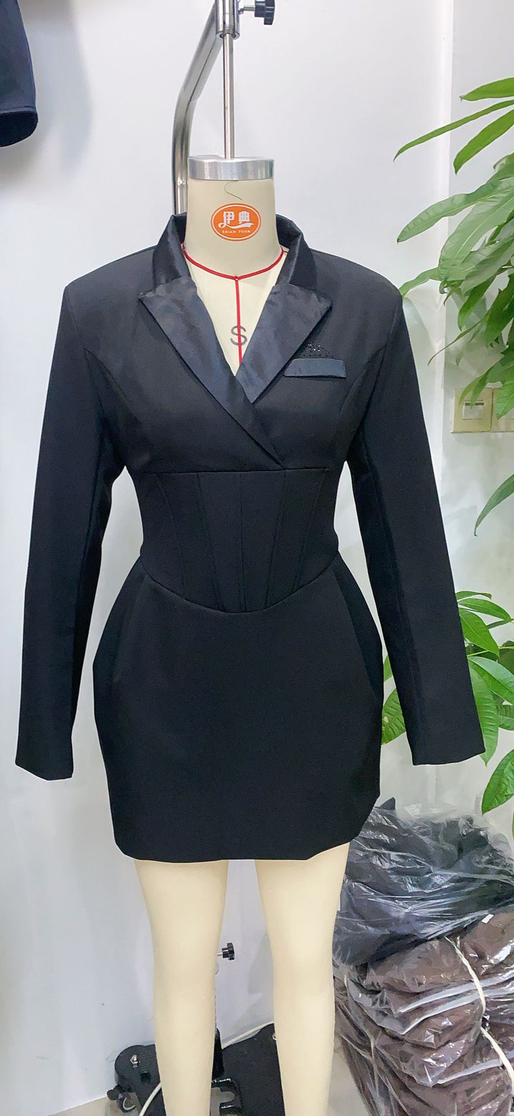 Tailored Mini Dress with Back Tie for Waist Fitting - MARIOLA