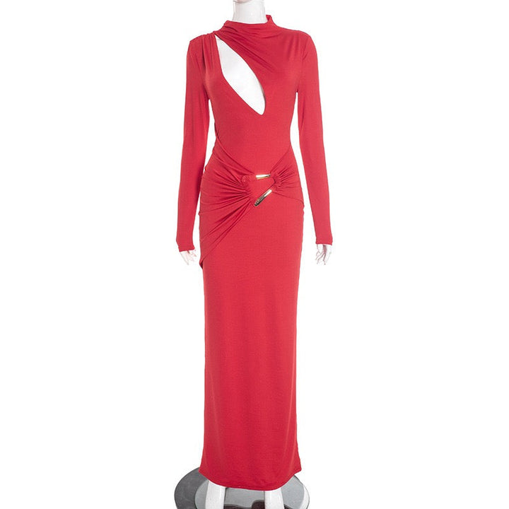 Maxi dress with ruching and neckline with buckle decoration - LUCI
