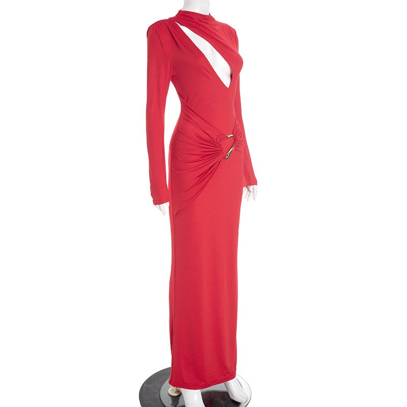 Maxi dress with ruching and neckline with buckle decoration - LUCI