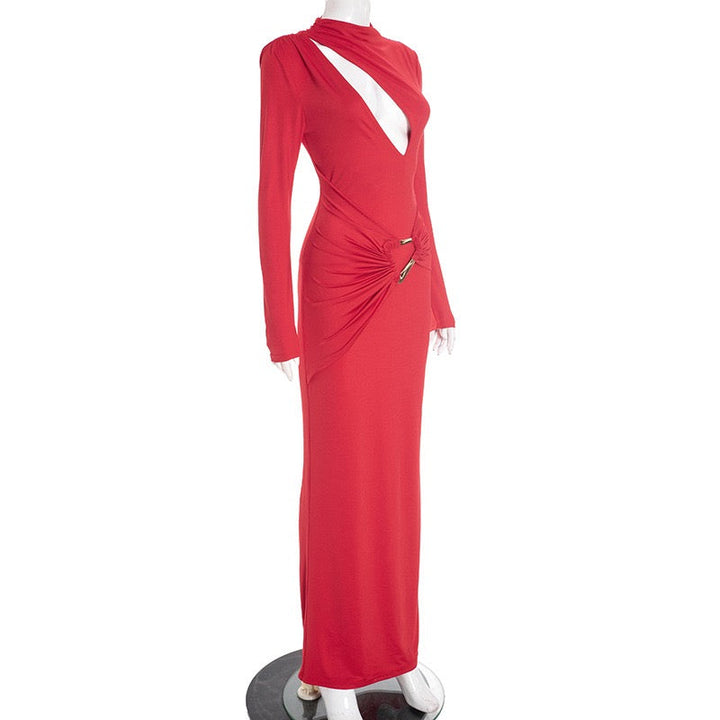Maxi dress with ruching and neckline with buckle decoration - LUCI
