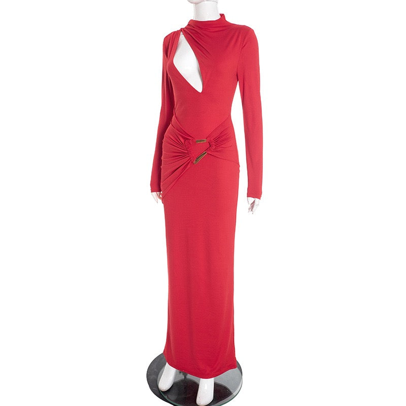 Maxi dress with ruching and neckline with buckle decoration - LUCI