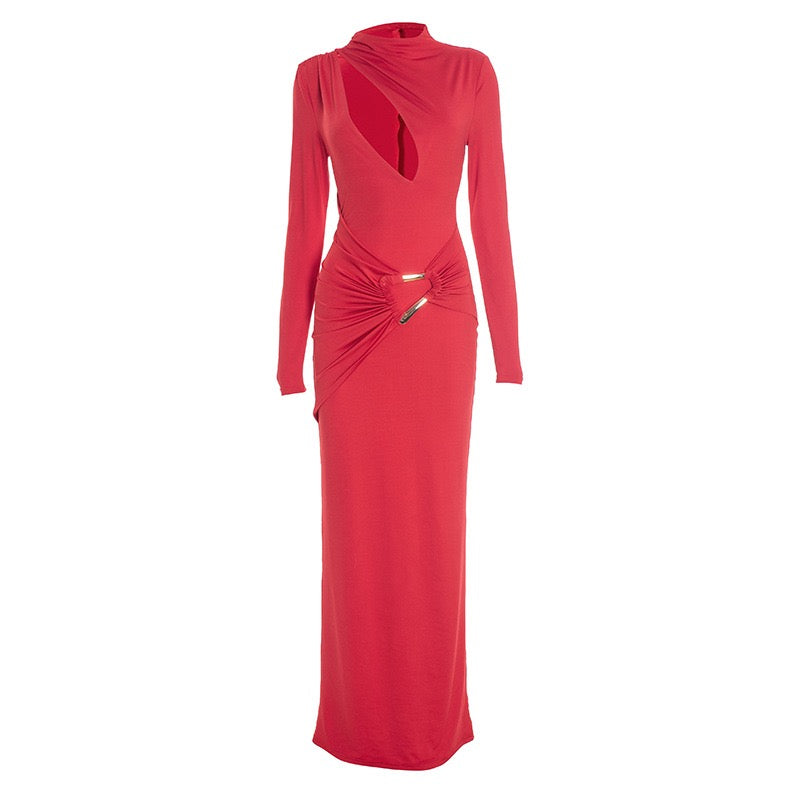 Maxi dress with ruching and neckline with buckle decoration - LUCI