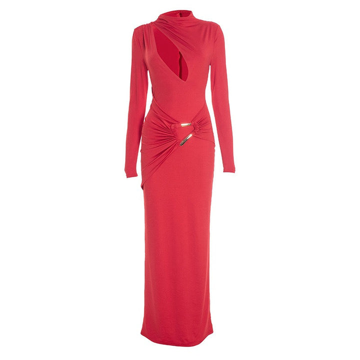 Maxi dress with ruching and neckline with buckle decoration - LUCI