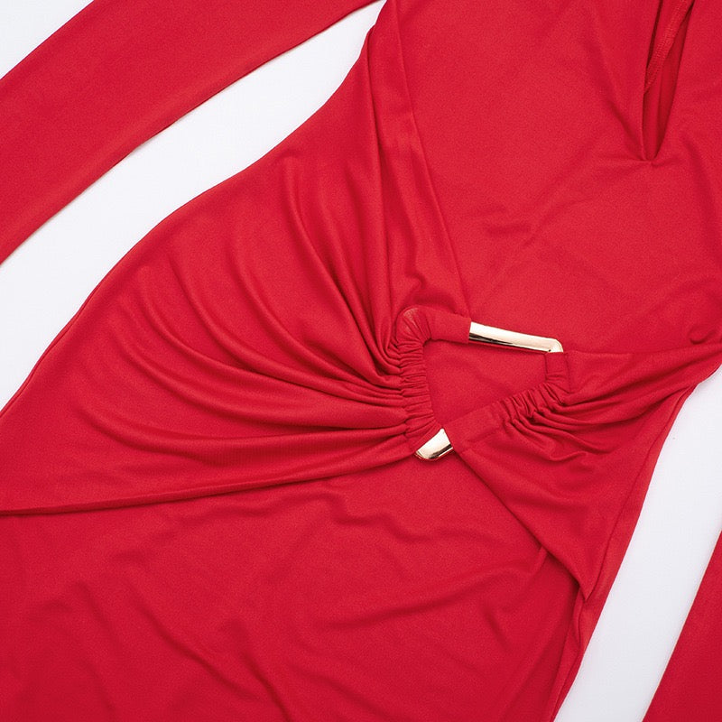 Maxi dress with ruching and neckline with buckle decoration - LUCI