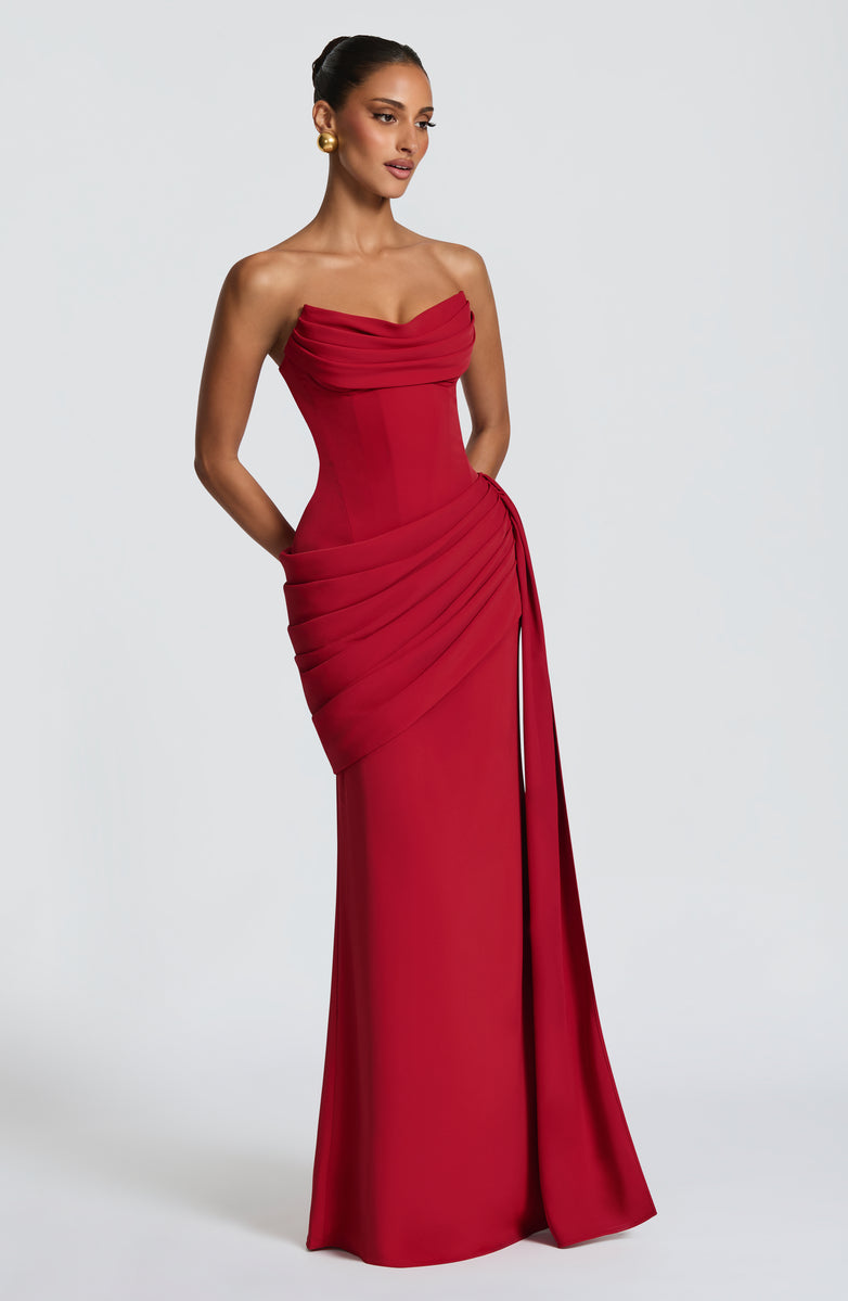 Strapless maxi dress with a back tie for a cinched waist, ruching, and a train – orin