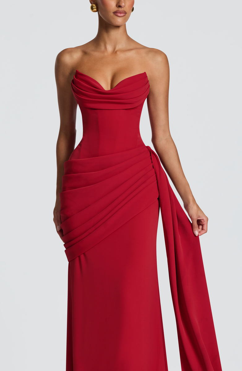 Strapless maxi dress with a back tie for a cinched waist, ruching, and a train – orin