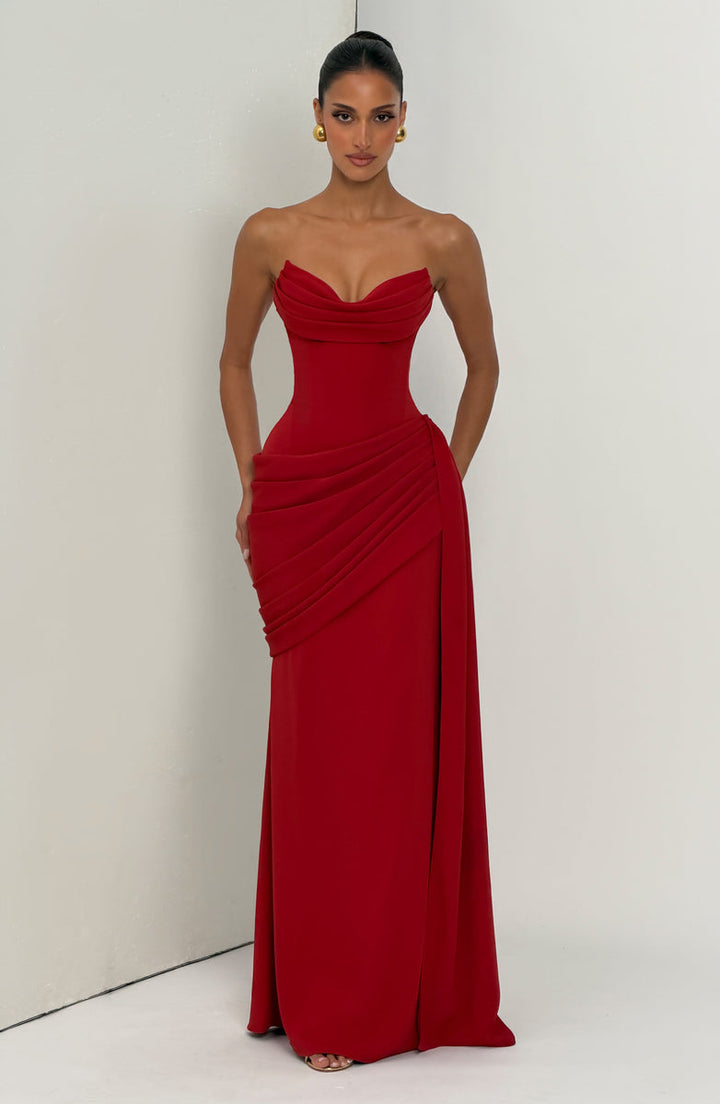 Strapless maxi dress with a back tie for a cinched waist, ruching, and a train – orin