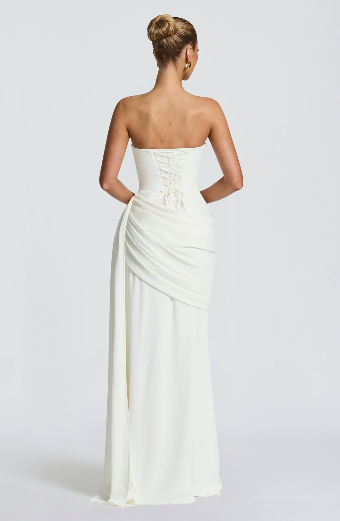 Strapless maxi dress with a back tie for a cinched waist, ruching, and a train – orin