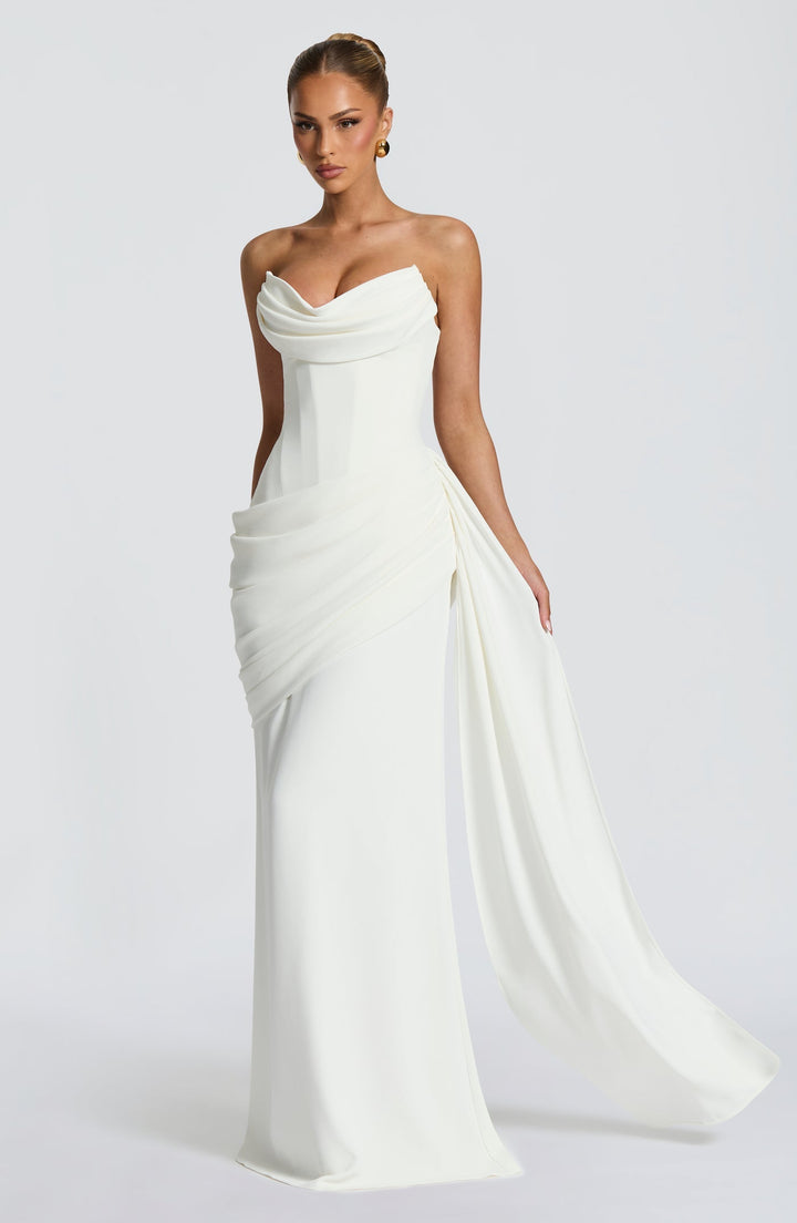 Strapless maxi dress with a back tie for a cinched waist, ruching, and a train – orin