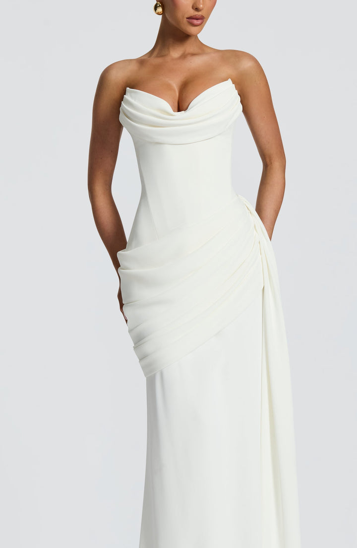 Strapless maxi dress with a back tie for a cinched waist, ruching, and a train – orin