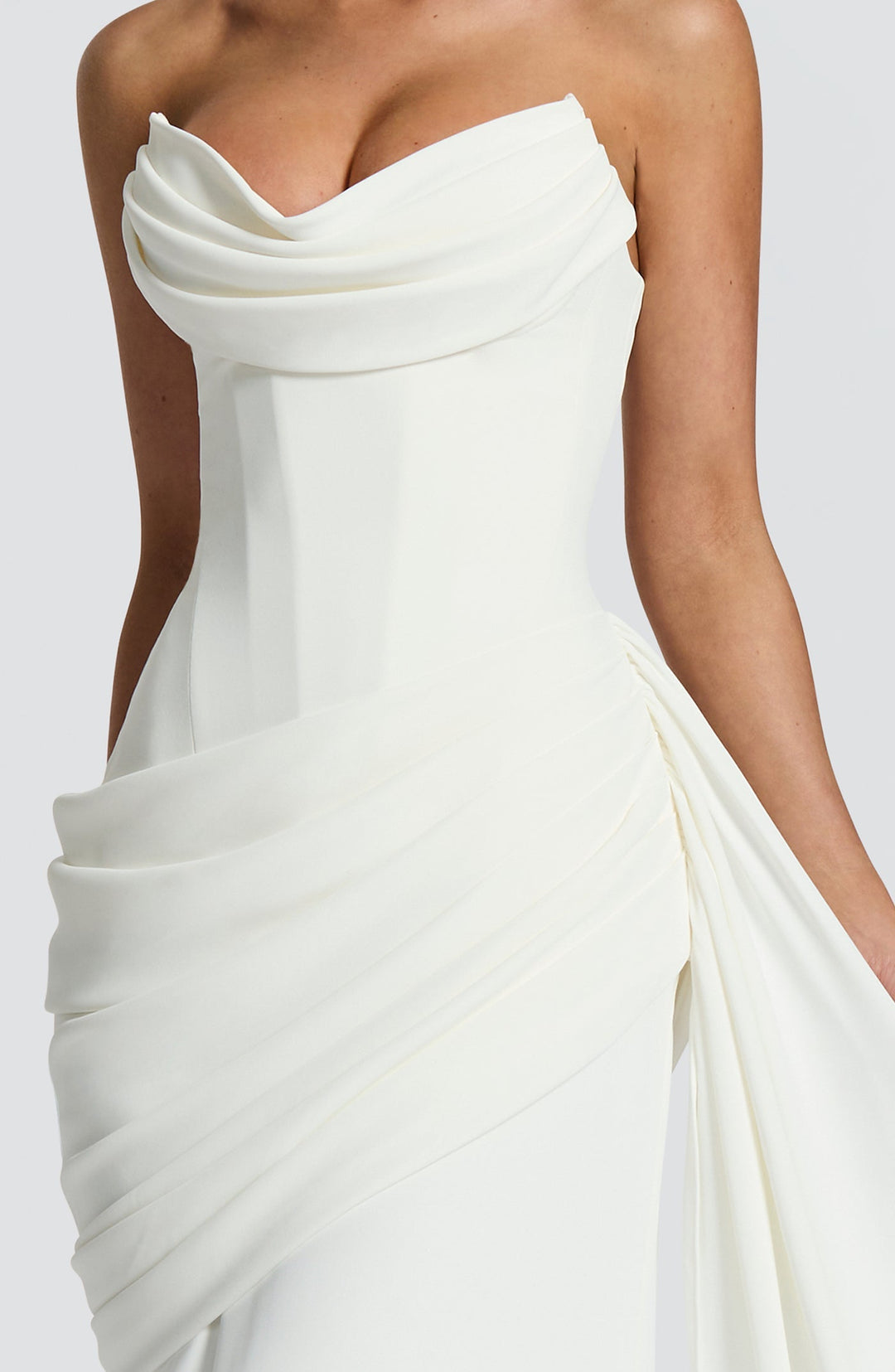 Strapless maxi dress with a back tie for a cinched waist, ruching, and a train – orin
