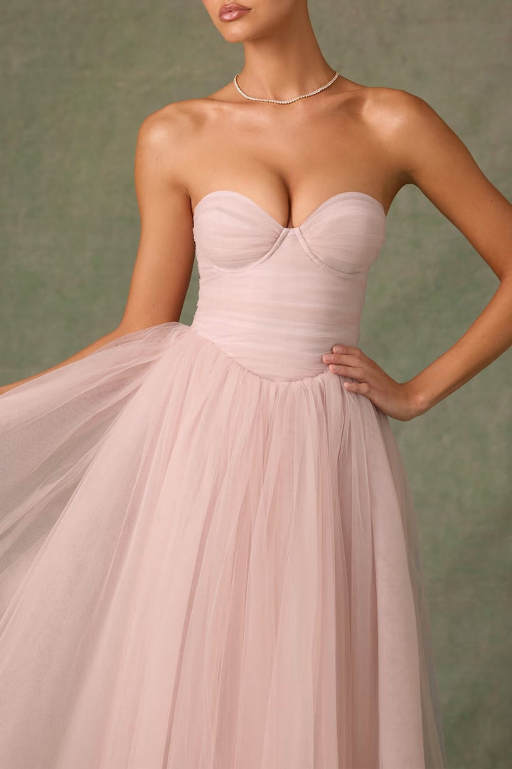 Strapless A-Line Midi Tulle Dress - LINI