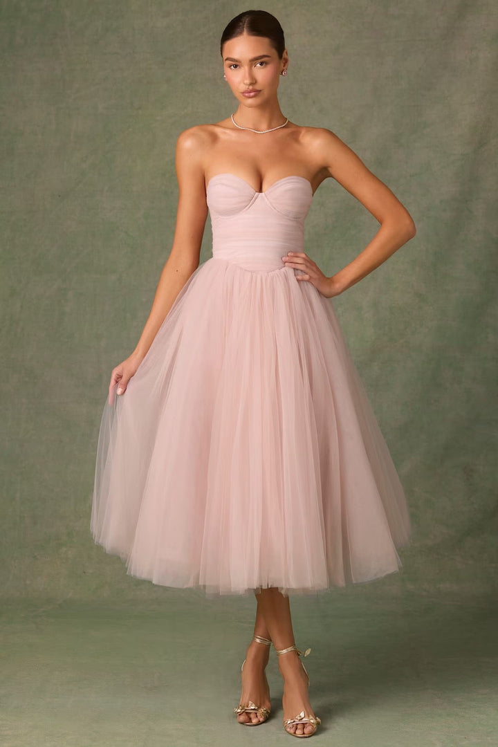 Strapless A-Line Midi Tulle Dress - LINI