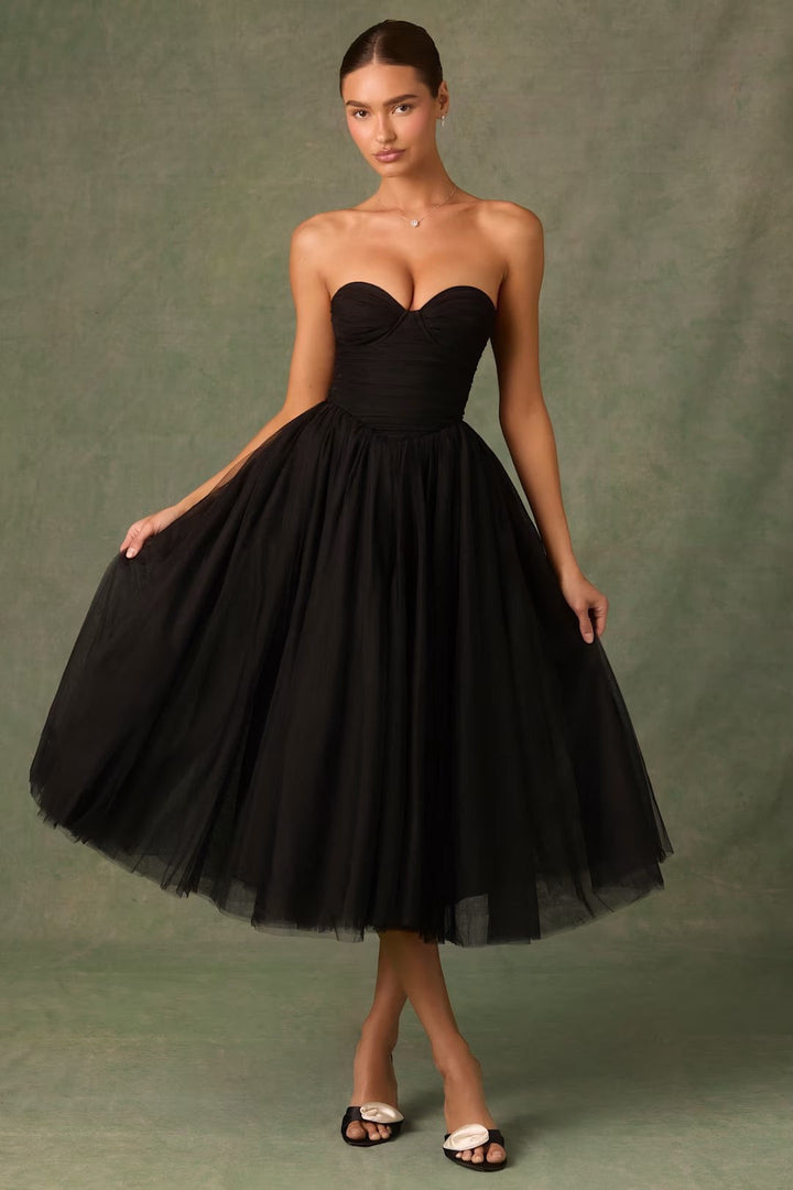 Strapless A-Line Midi Tulle Dress - LINI